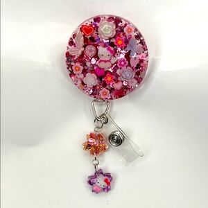 New Pink Glitter HelloKitty junk Badge Reel with custom Charms
